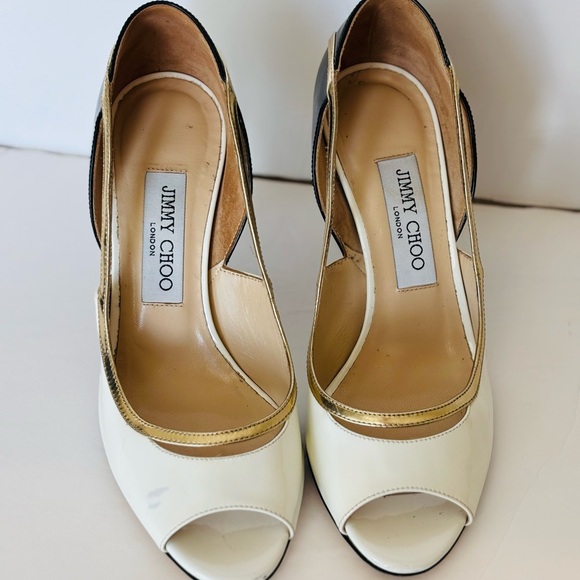 Jimmy Choo White and Gold Peep Toe Heels